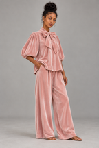 Pink Bow Neck Velvet Trouser Set