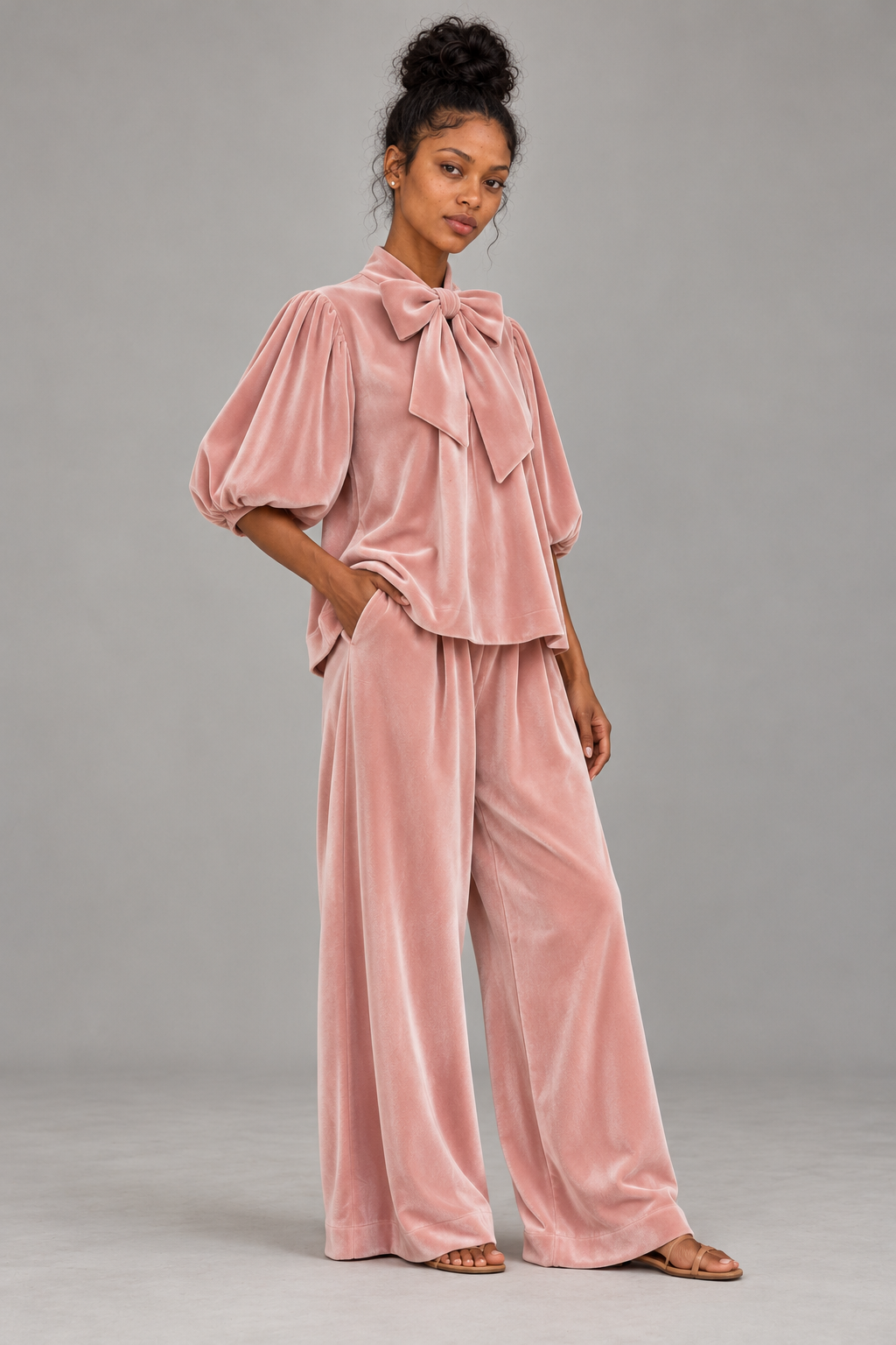 Pink Bow Neck Velvet Trouser Set