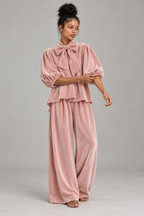 Pink Bow Neck Velvet Trouser Set