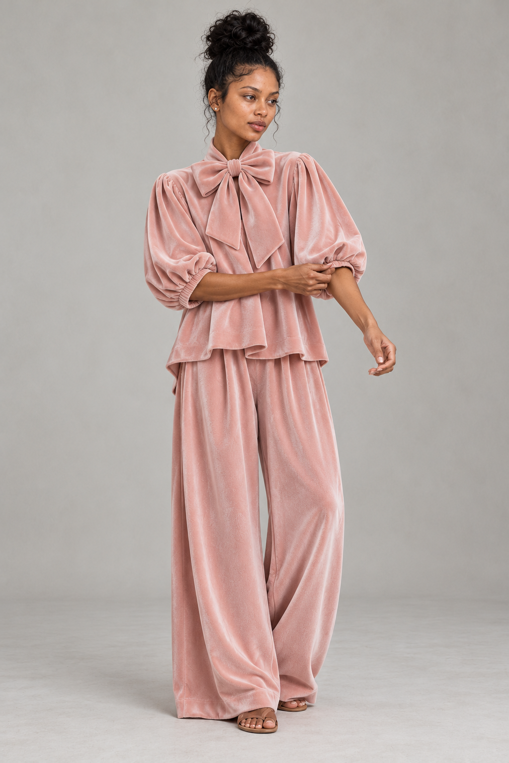 Pink Bow Neck Velvet Trouser Set