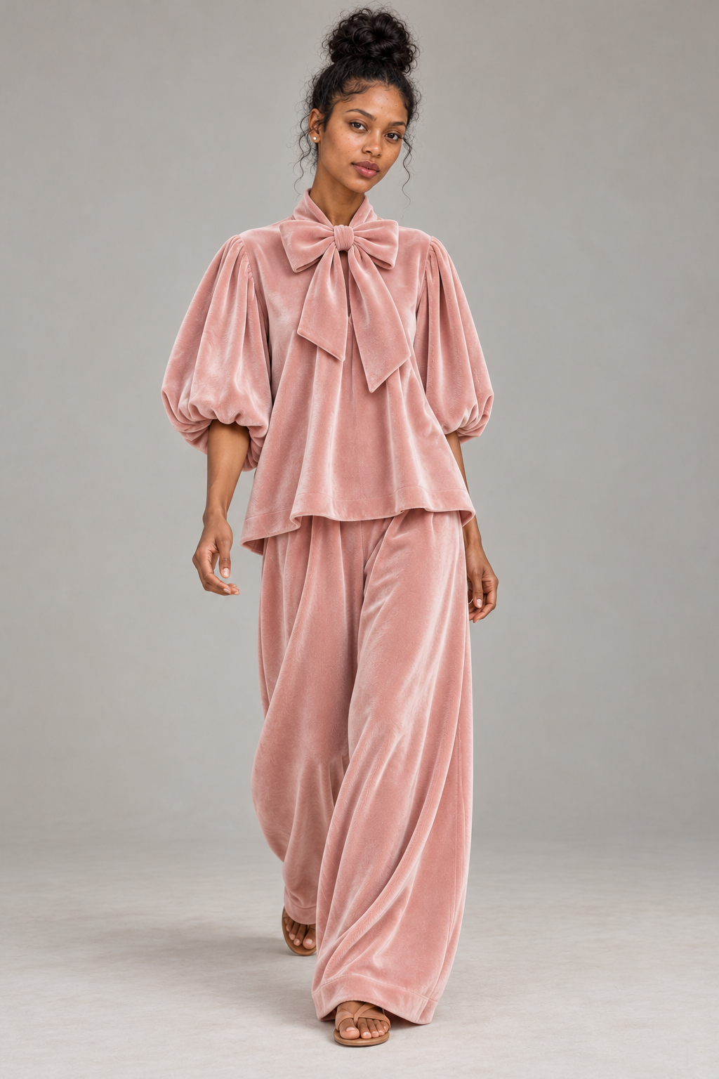 Pink Bow Neck Velvet Trouser Set