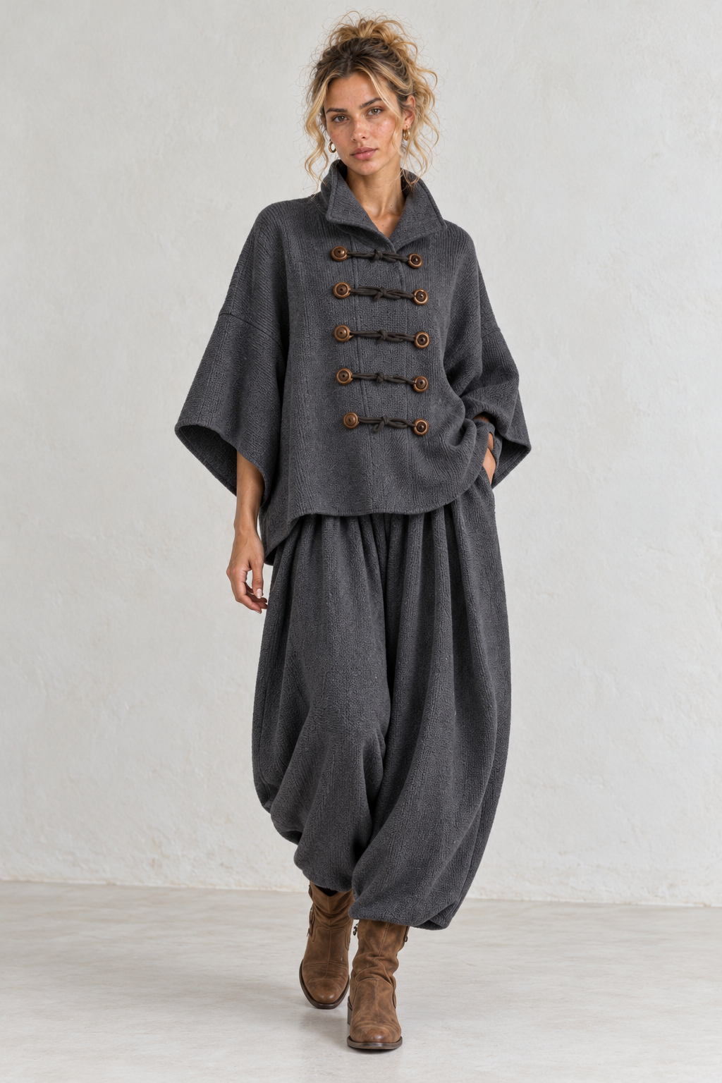 Charcoal Toggle Cape & Harem Trouser Set