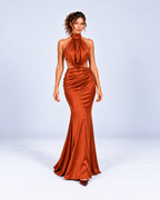 Satin Halter Cowl-Neck Ruched Mermaid Maxi Dress