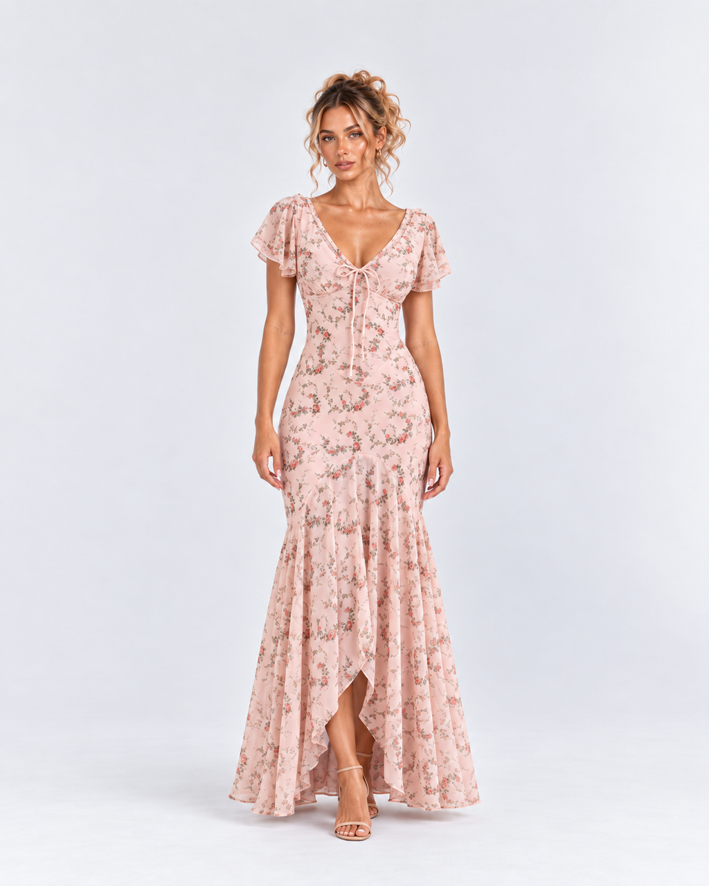 Pink Floral Flutter Sleeve High-Low Maxi Dress