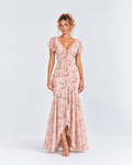 Pink Floral Flutter Sleeve High-Low Maxi Dress