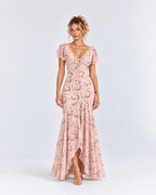 Pink Floral Flutter Sleeve High-Low Maxi Dress