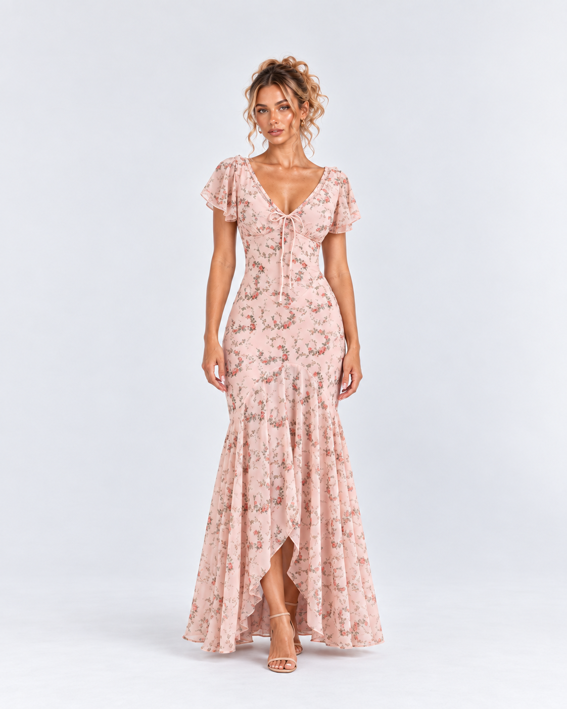 Pink Floral Flutter Sleeve High-Low Maxi Dress