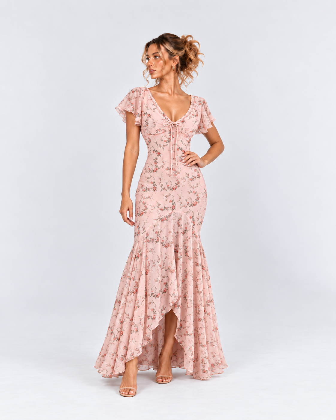 Pink Floral Flutter Sleeve High-Low Maxi Dress
