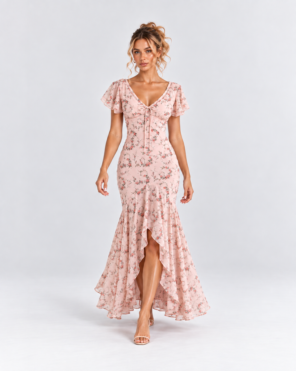 Pink Floral Flutter Sleeve High-Low Maxi Dress