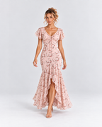 Pink Floral Flutter Sleeve High-Low Maxi Dress