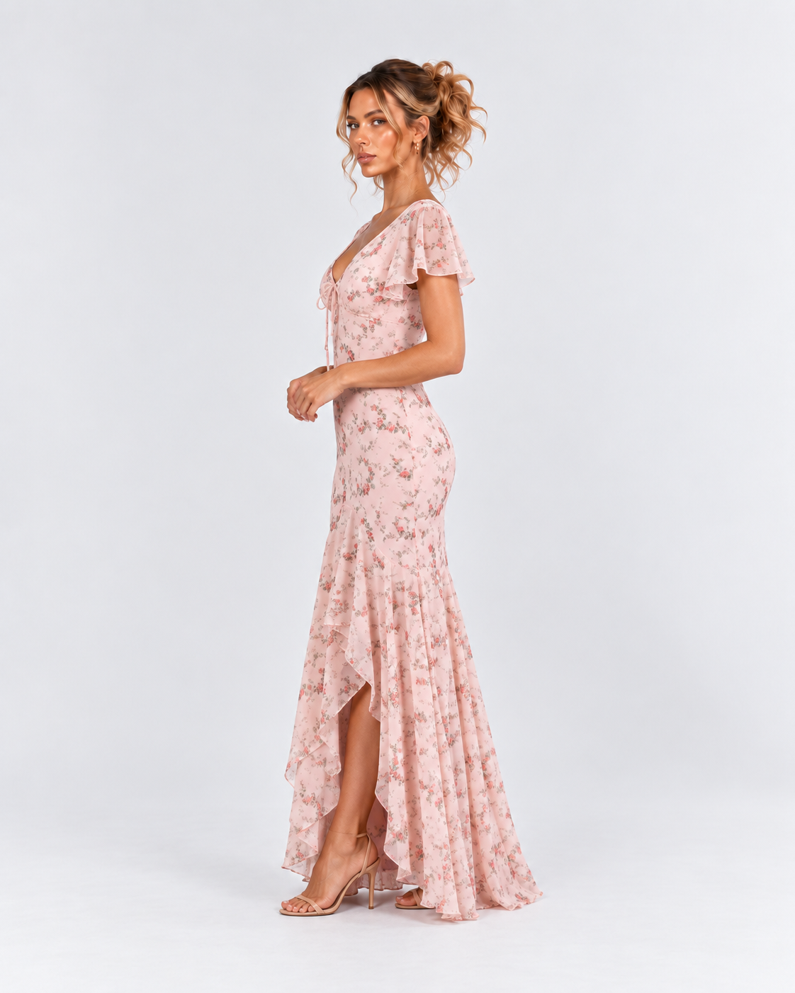 Pink Floral Flutter Sleeve High-Low Maxi Dress