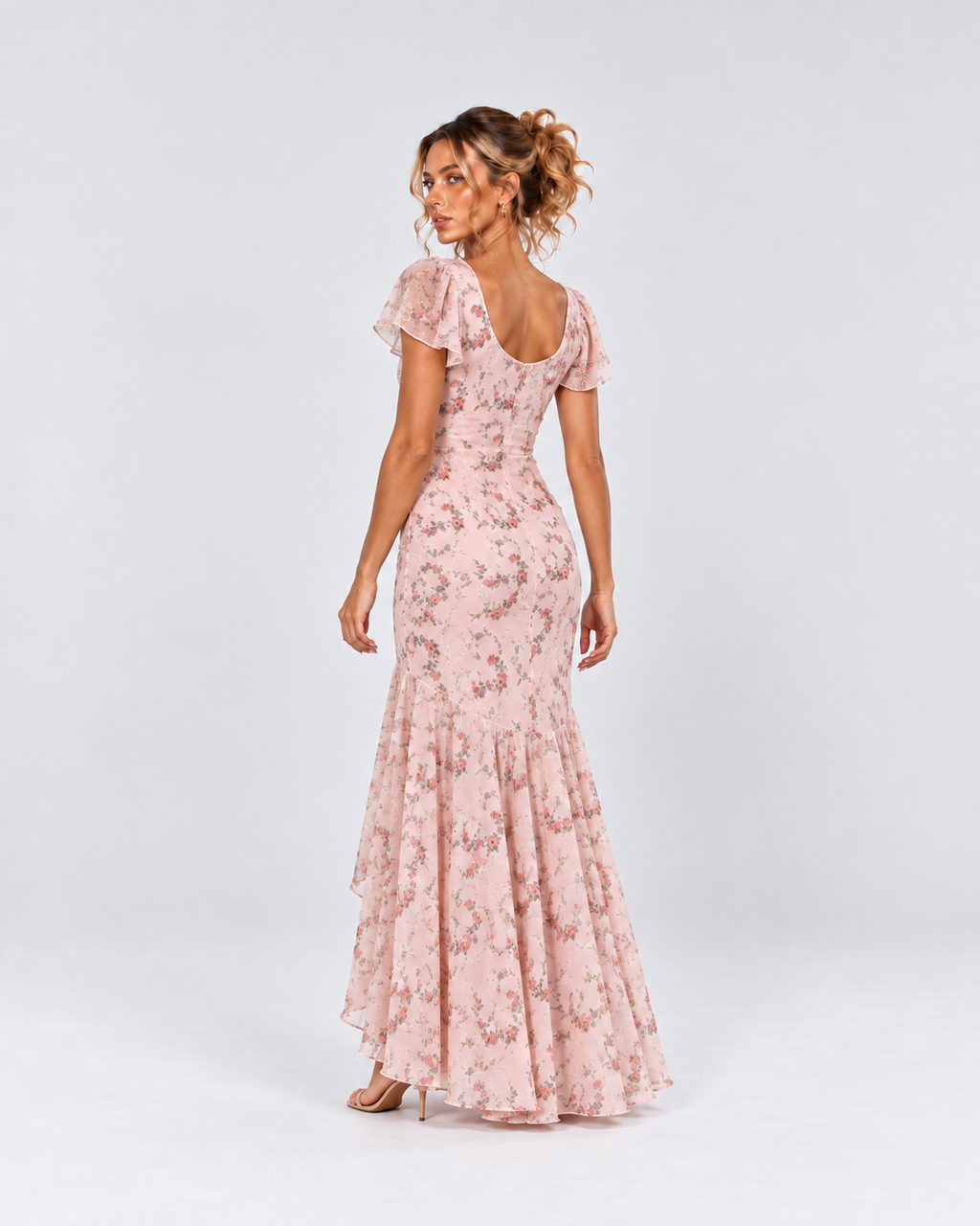 Pink Floral Flutter Sleeve High-Low Maxi Dress
