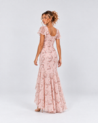 Pink Floral Flutter Sleeve High-Low Maxi Dress