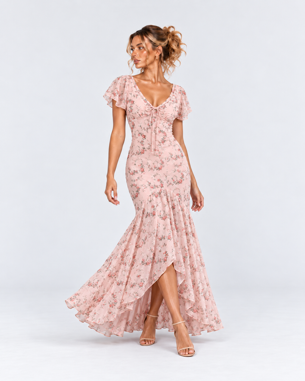Pink Floral Flutter Sleeve High-Low Maxi Dress