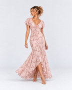 Pink Floral Flutter Sleeve High-Low Maxi Dress