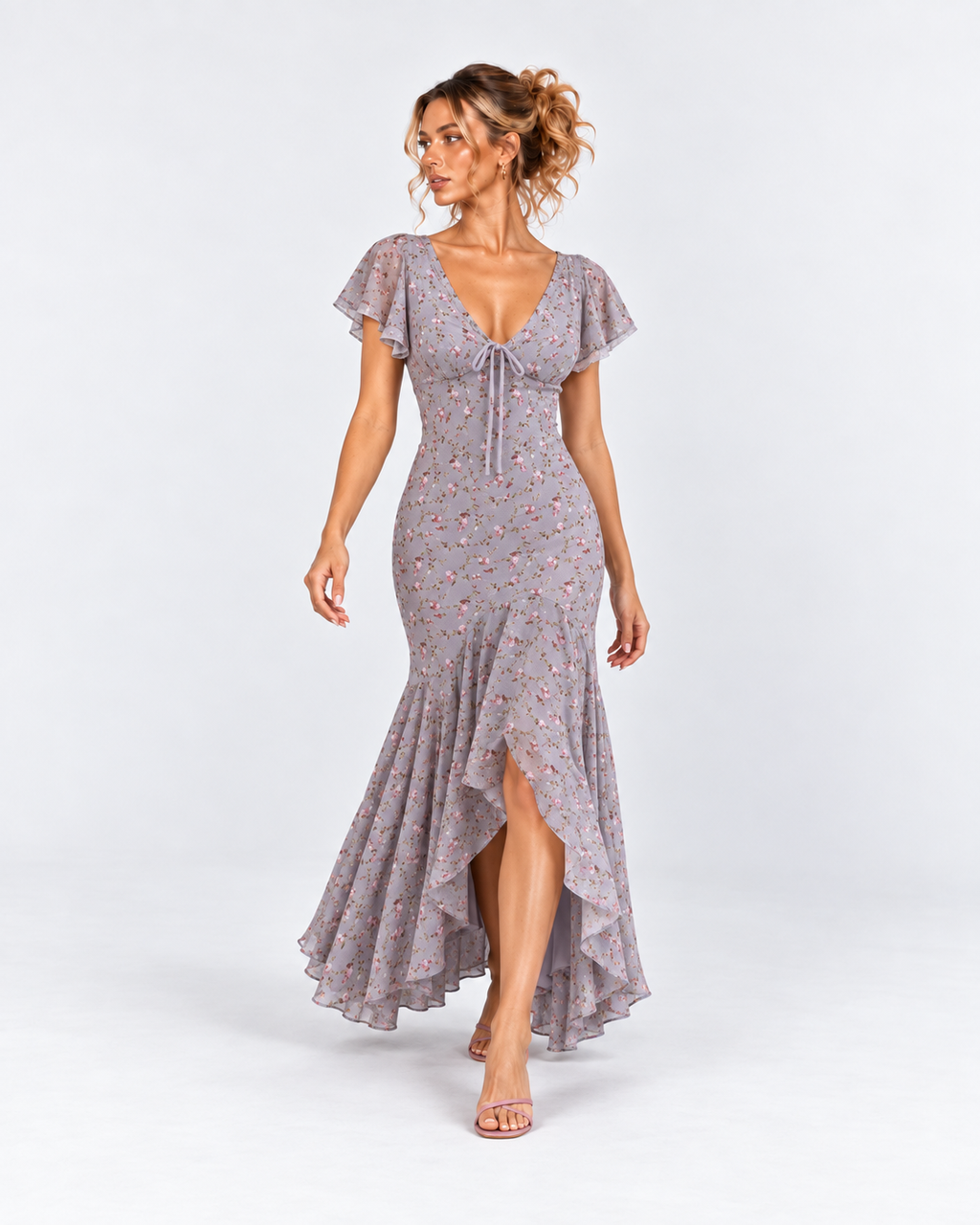 Dusty Lavender Floral Flutter Sleeve High-Low Maxi Dress