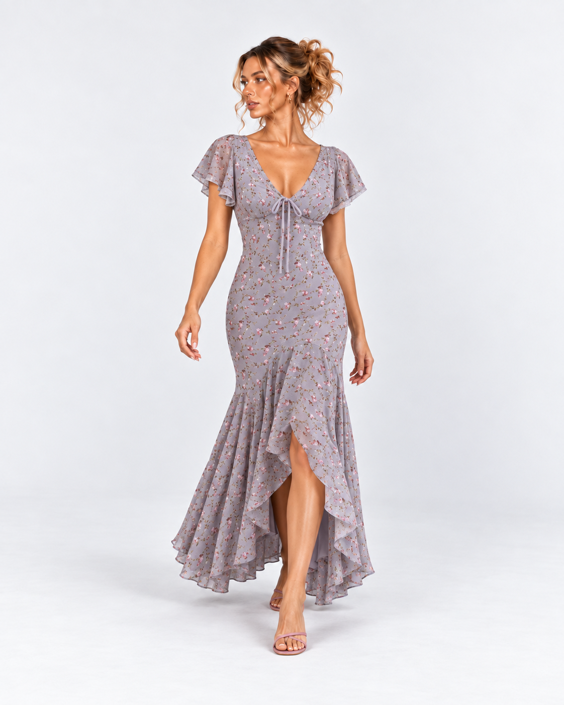 Dusty Lavender Floral Flutter Sleeve High-Low Maxi Dress