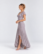 Dusty Lavender Floral Flutter Sleeve High-Low Maxi Dress