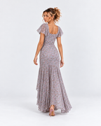 Dusty Lavender Floral Flutter Sleeve High-Low Maxi Dress