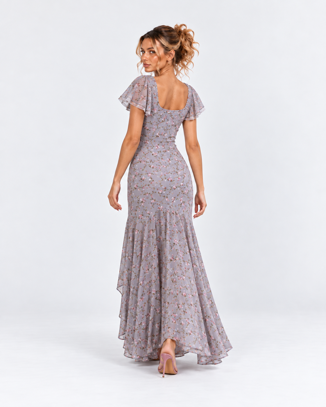 Dusty Lavender Floral Flutter Sleeve High-Low Maxi Dress