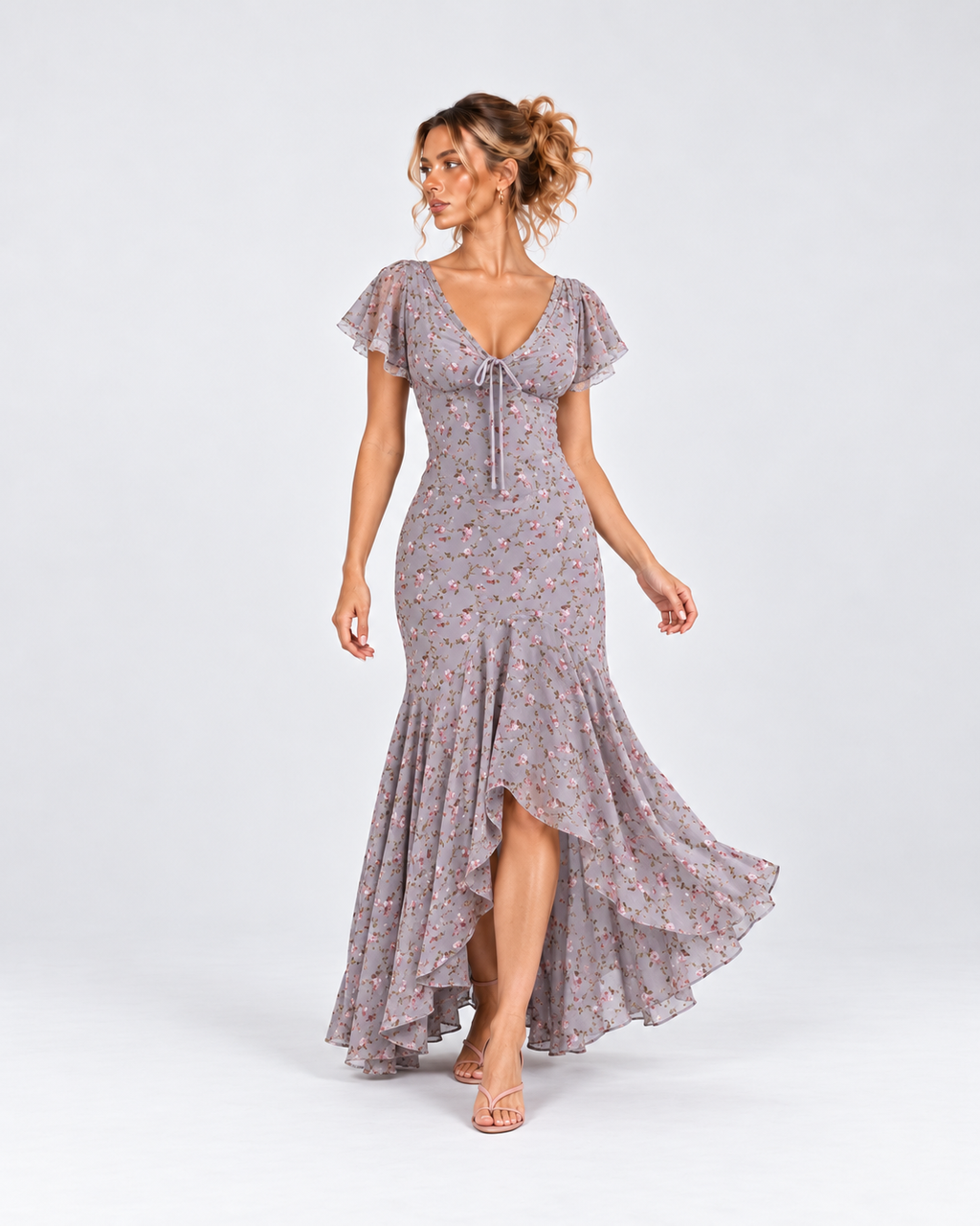 Dusty Lavender Floral Flutter Sleeve High-Low Maxi Dress