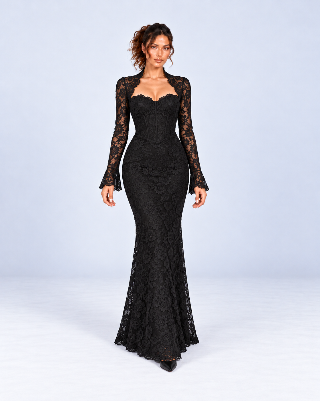 Black Floral Lace Corset-Style Mermaid Maxi Dress