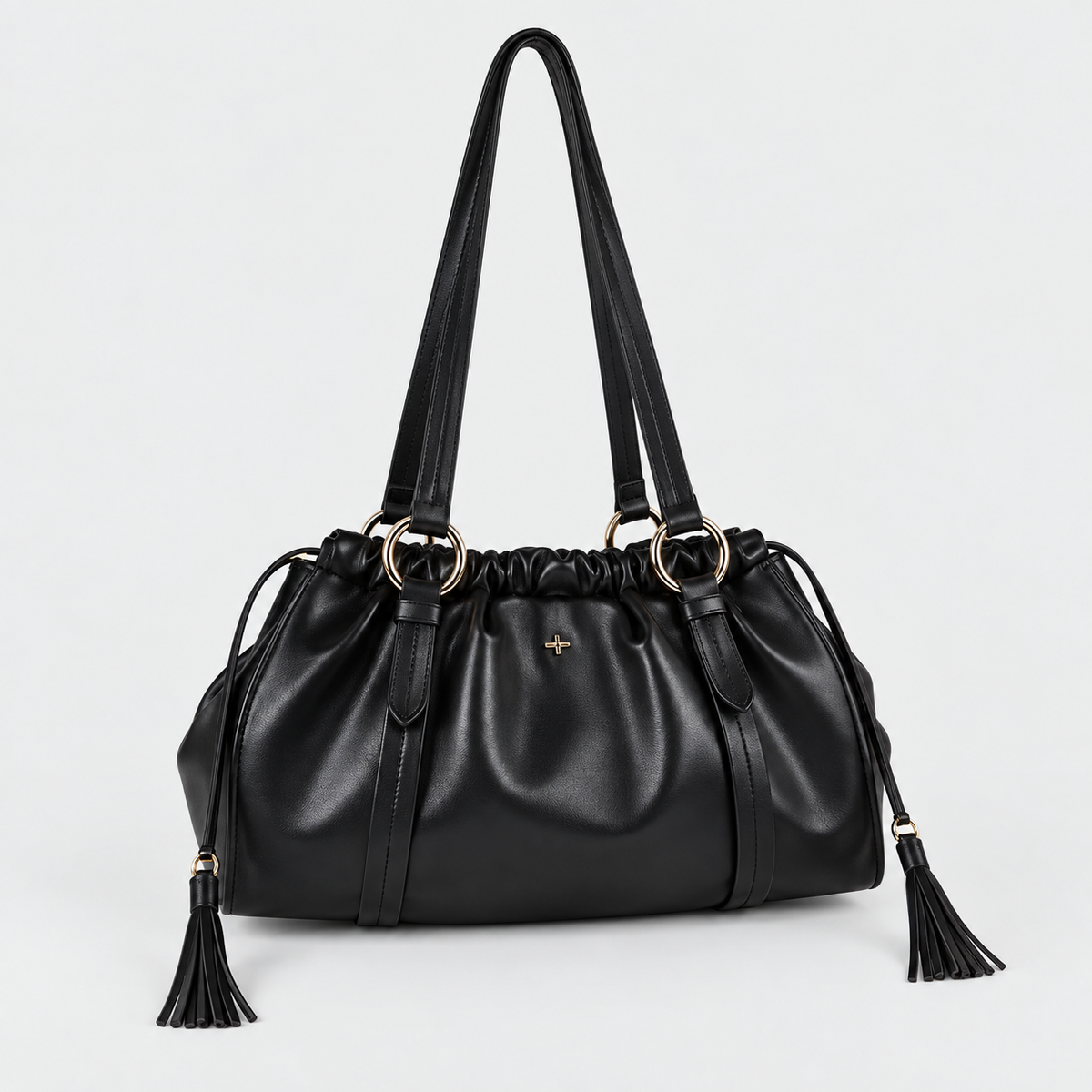 Black Slouchy Faux Leather Tassel Shoulder Bag