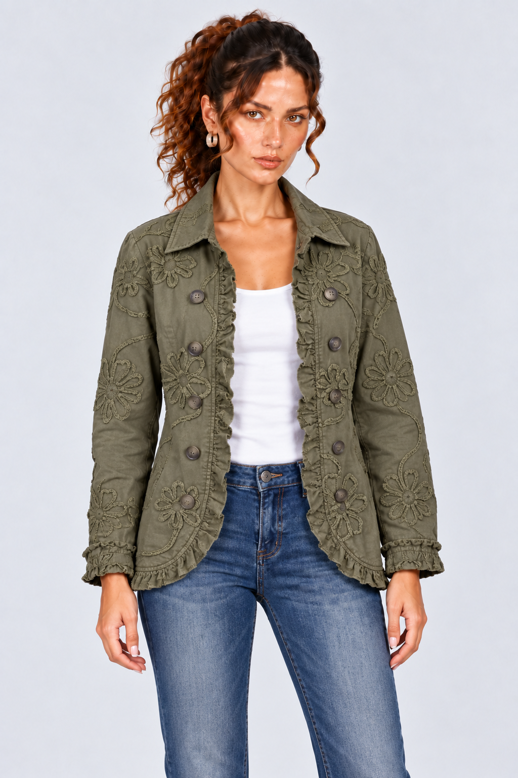 Olive Green Floral Embroidered Ruffle-Trim Jacket