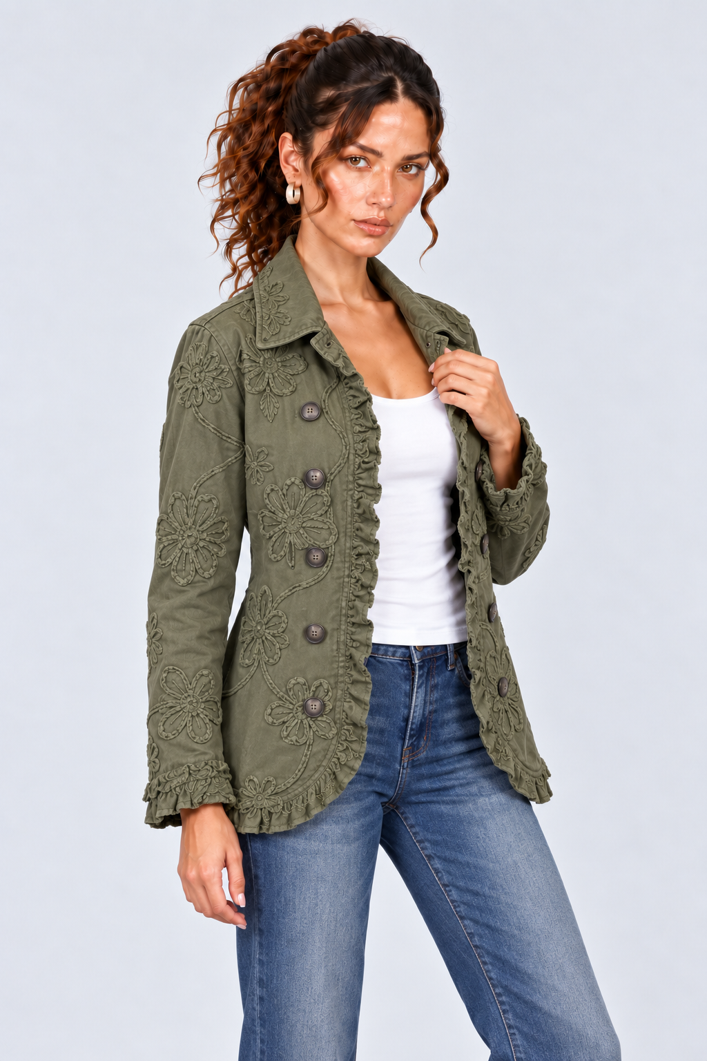 Olive Green Floral Embroidered Ruffle-Trim Jacket