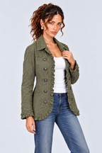 Olive Green Floral Embroidered Ruffle-Trim Jacket