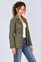 Olive Green Floral Embroidered Ruffle-Trim Jacket