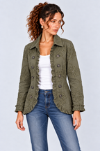 Olive Green Floral Embroidered Ruffle-Trim Jacket
