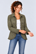 Olive Green Floral Embroidered Ruffle-Trim Jacket