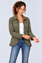 Olive Green Floral Embroidered Ruffle-Trim Jacket