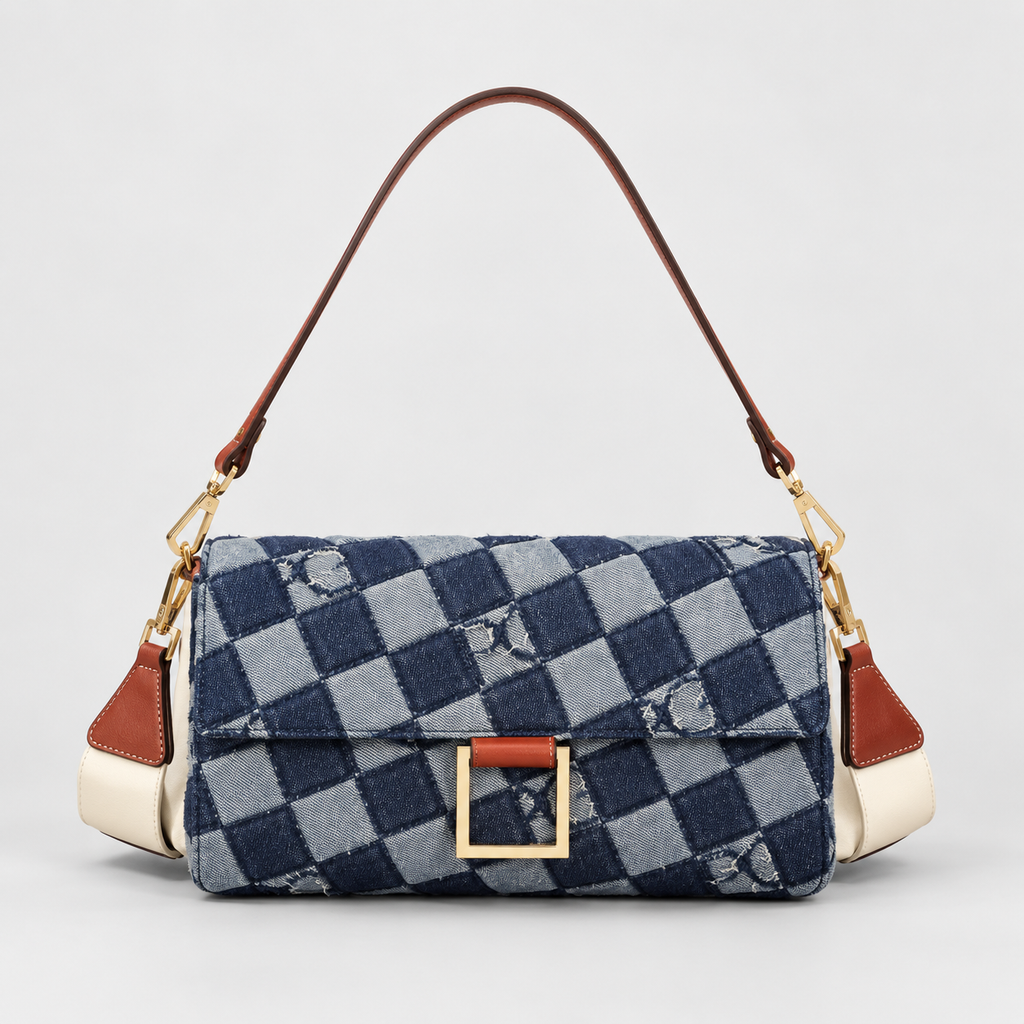 Blue Checkered Denim Flap Shoulder Bag