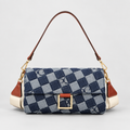 Blue Checkered Denim Flap Shoulder Bag