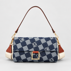 Blue Checkered Denim Flap Shoulder Bag