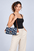 Blue Checkered Denim Flap Shoulder Bag