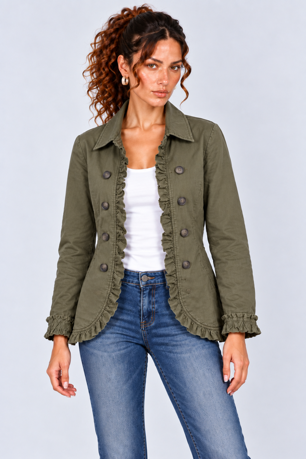 Ruffle-Trim Long Sleeve Fitted Jacket