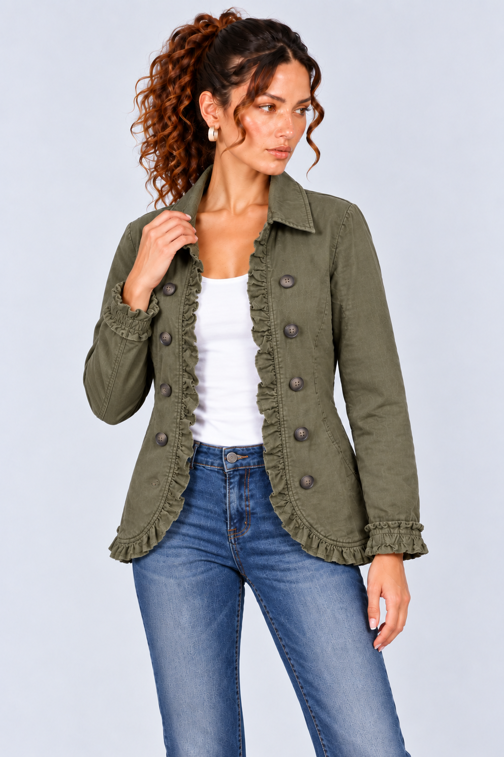 Ruffle-Trim Long Sleeve Fitted Jacket