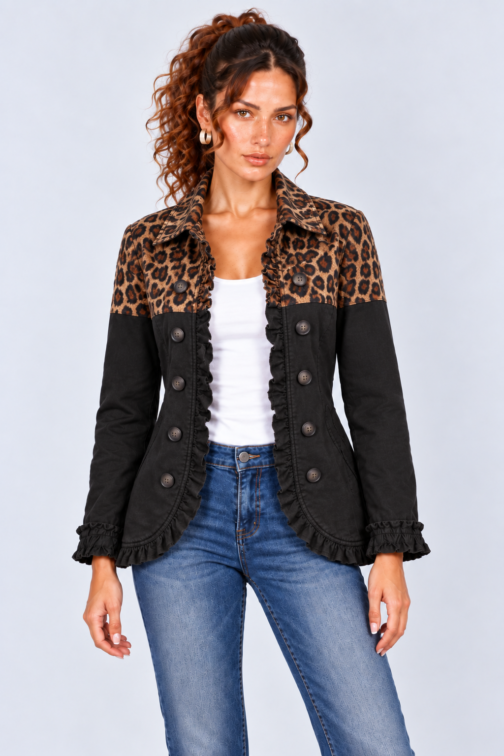 Ruffle-Trim Long Sleeve Fitted Jacket