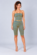 Blue and Yellow Striped Tube Top and Biker Shorts Set