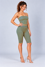 Blue and Yellow Striped Tube Top and Biker Shorts Set