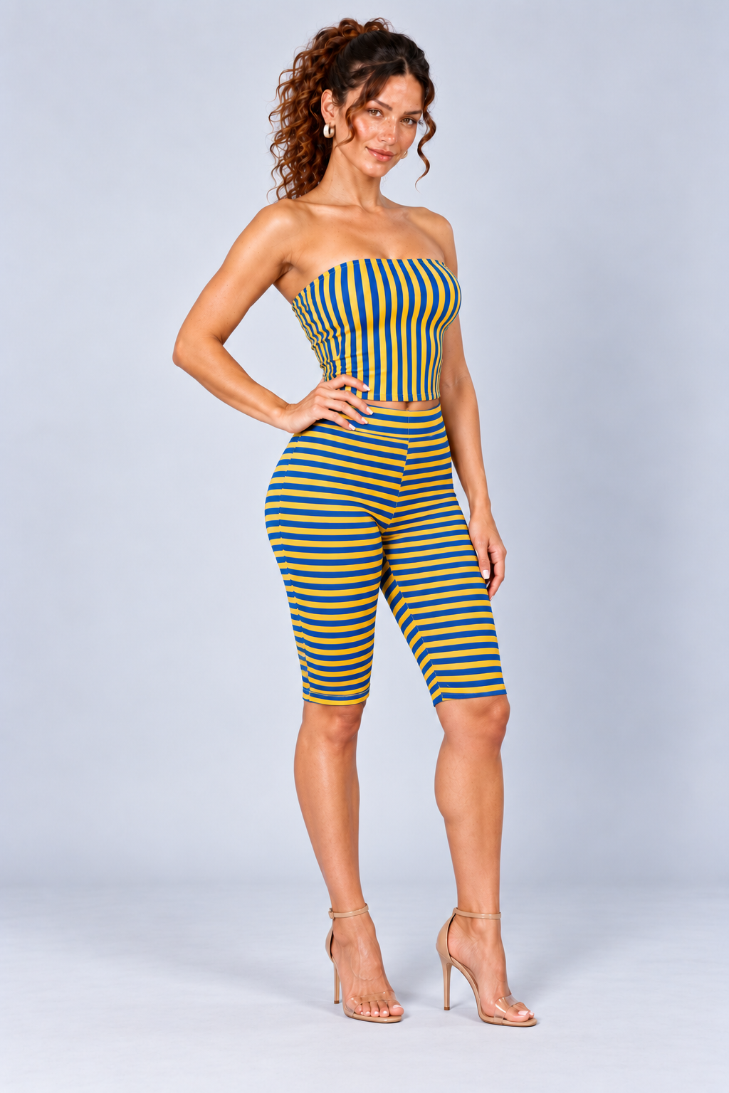 Blue and Yellow Striped Tube Top and Biker Shorts Set
