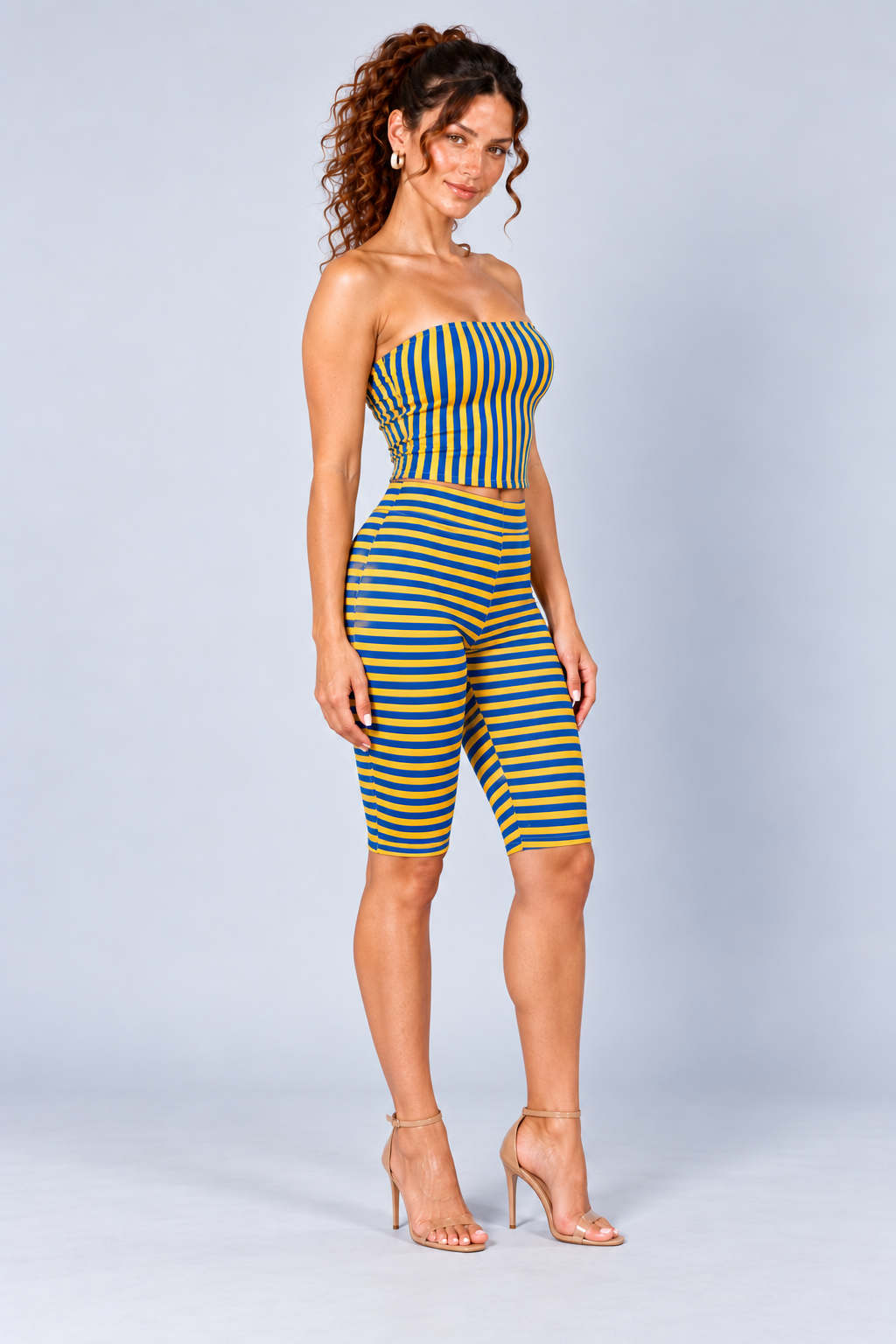 Blue and Yellow Striped Tube Top and Biker Shorts Set