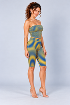 Blue and Yellow Striped Tube Top and Biker Shorts Set