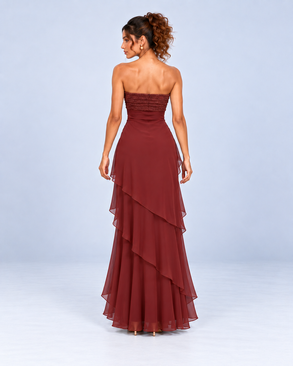 Burgundy Strapless Tiered Ruffle Maxi Dress