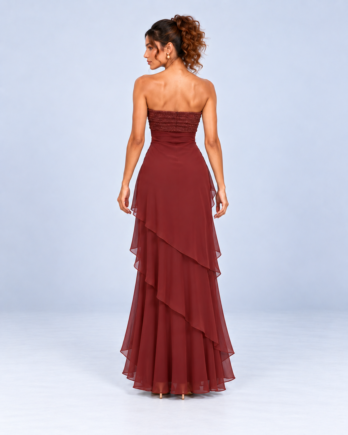Burgundy Strapless Tiered Ruffle Maxi Dress