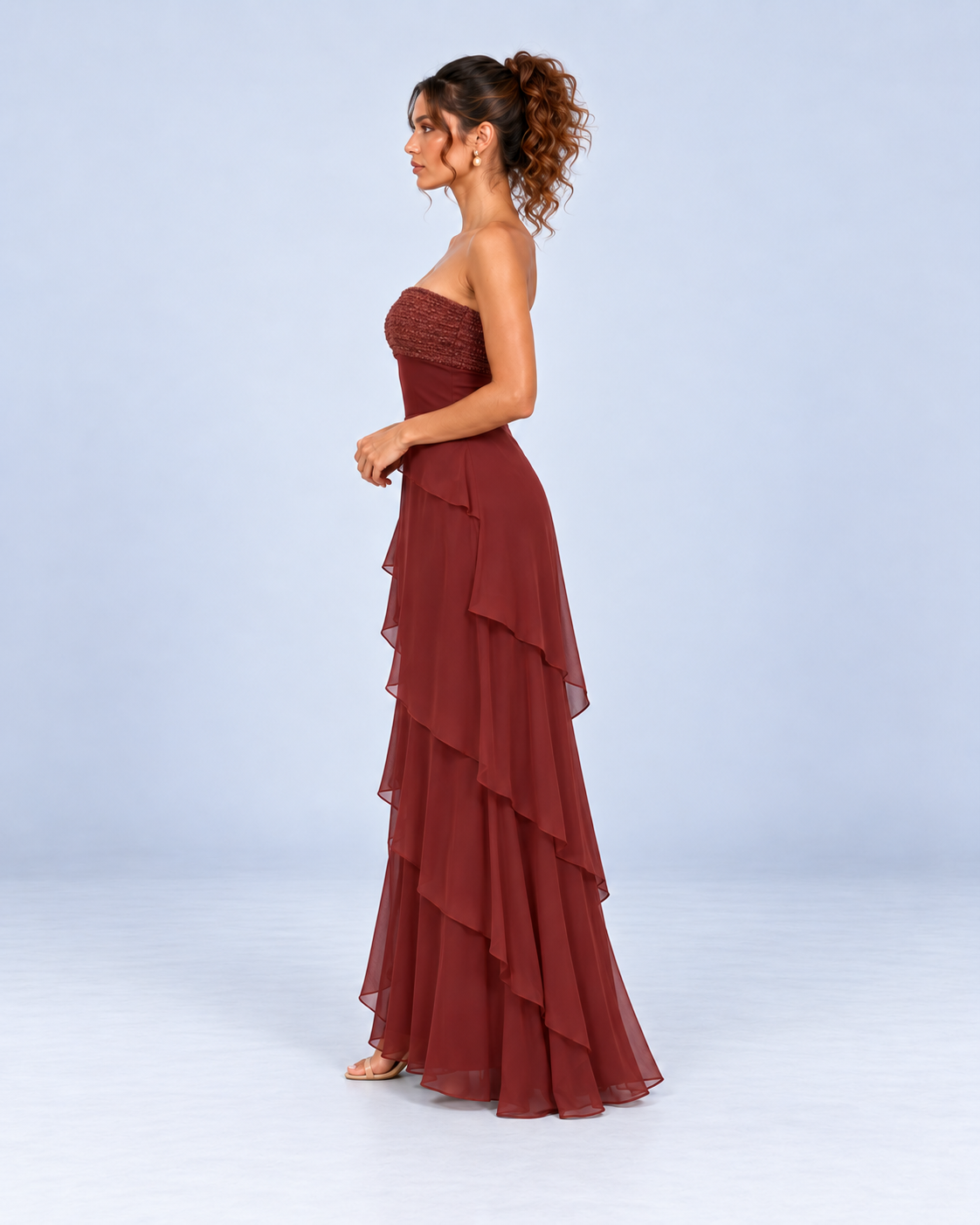 Burgundy Strapless Tiered Ruffle Maxi Dress