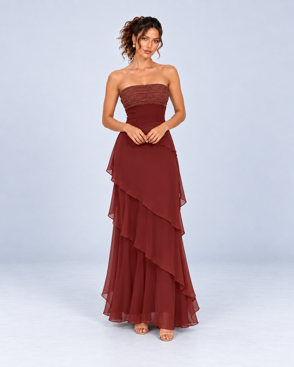 Burgundy Strapless Tiered Ruffle Maxi Dress